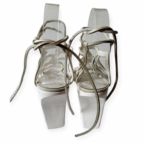 Vintage 80s Roger Vivier Caged Sandals on Platform Wedge, Off White Nubuk - Picture 8 of 16